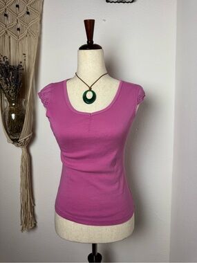 Style & Co. Pink Scoop Neck Cap-Sleeve Top with Lace Trim
